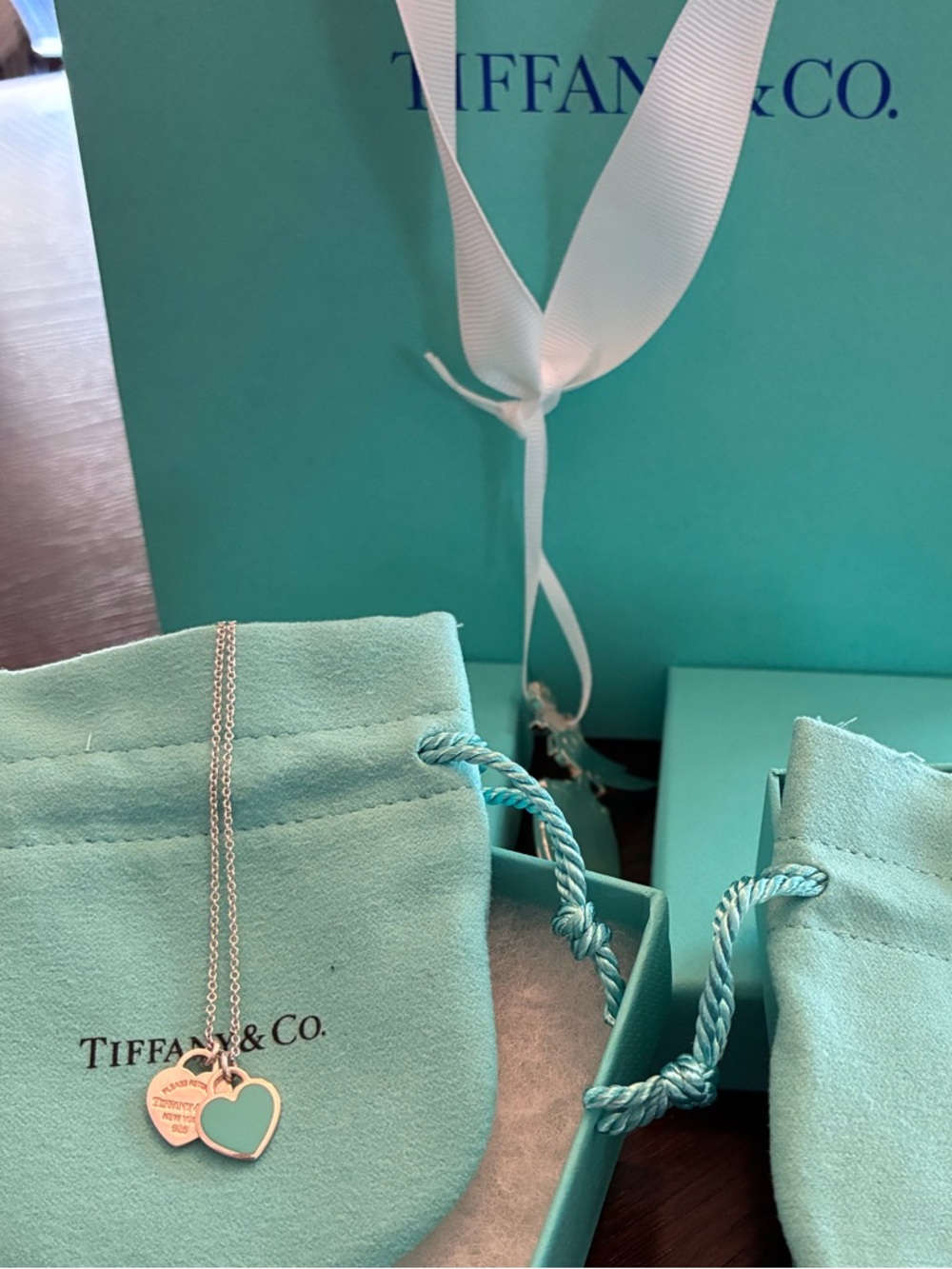 Tiffany & Co. Silver Double Heart Necklace with Tiffany Blue Enamel - Picture 2 of 3